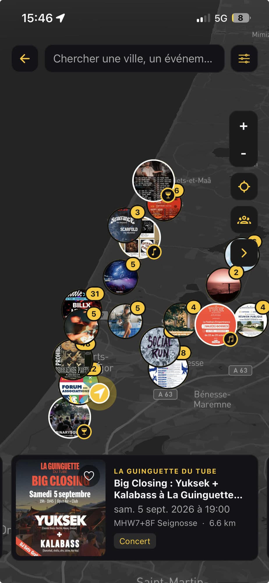 Carte des événements dans l'app BeeHive